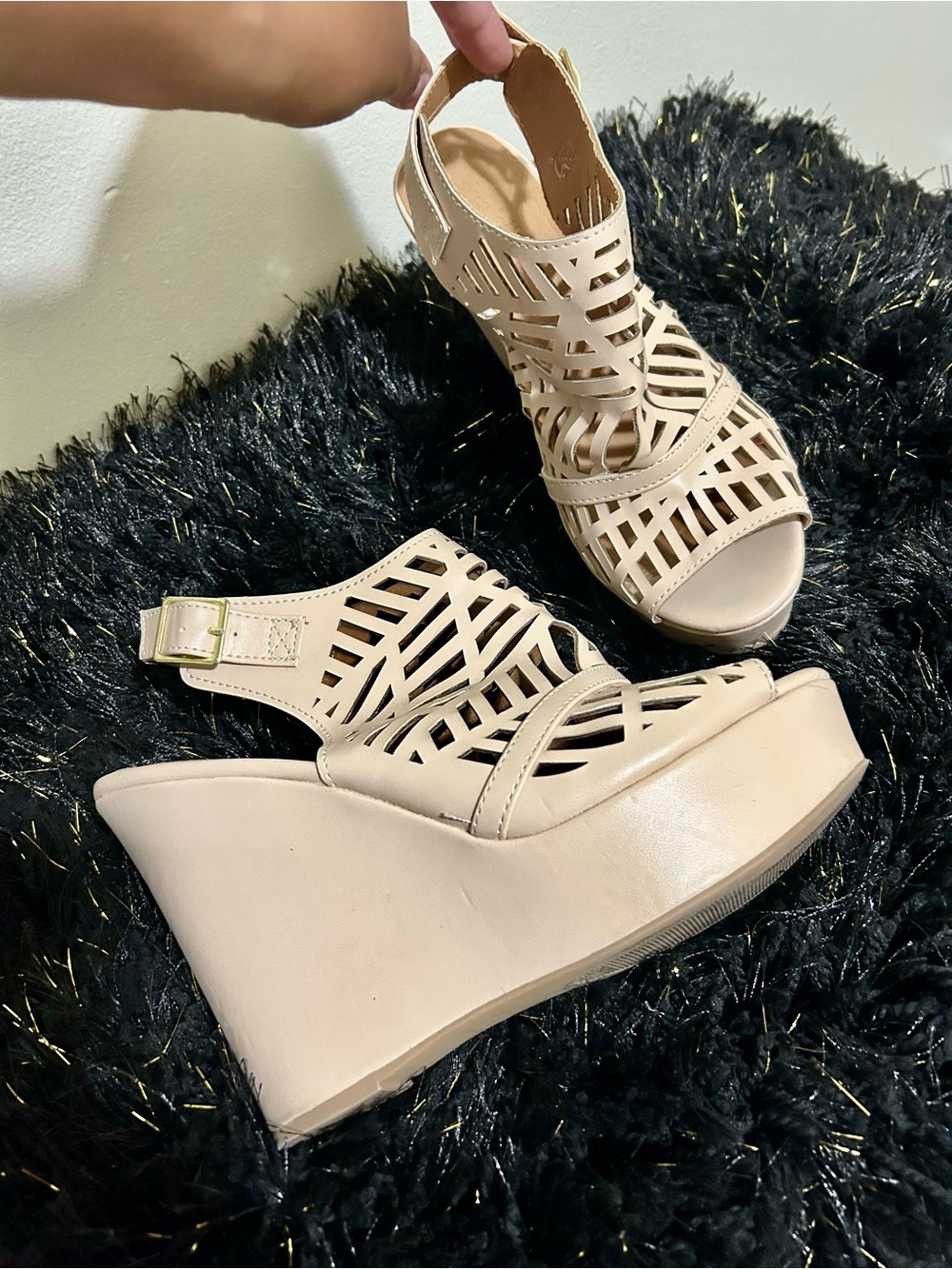 Charlotte Russe Beige Laser-Cut Wedge Sandals